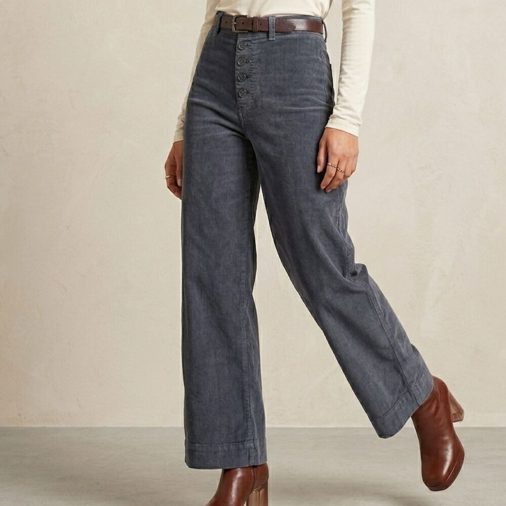Marine Layer High Rise Button Fly Corduroy Wide Leg Pants Size 8 Navy Retro